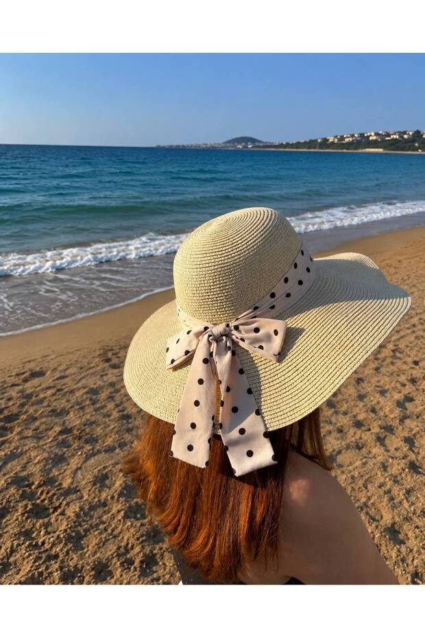 Wide Brim Summer Straw Hat with Polka Dot Ribbon Detail