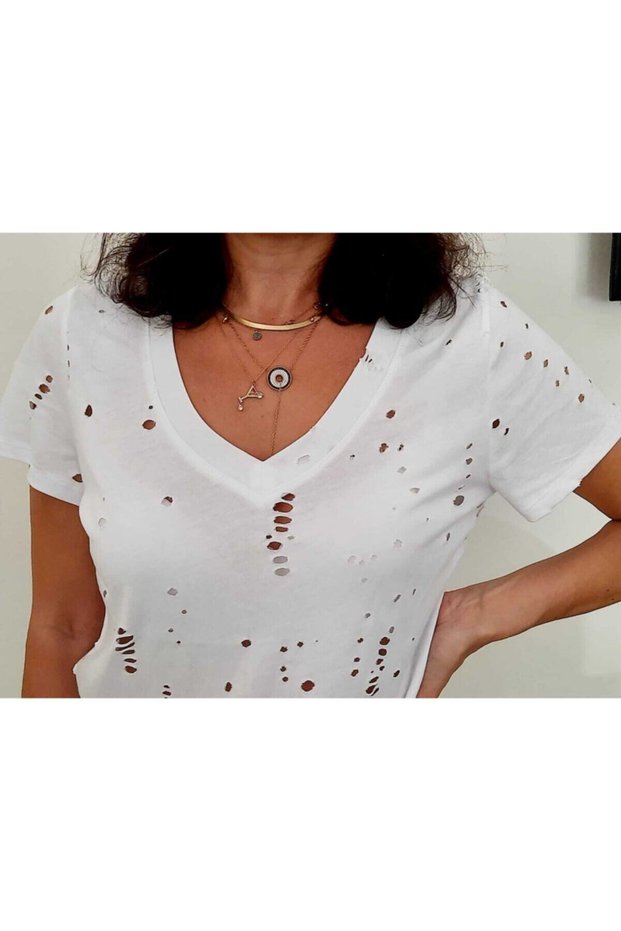 V-Neck Special Perforated Fabric Short Sleeve Women's White T-Shirt