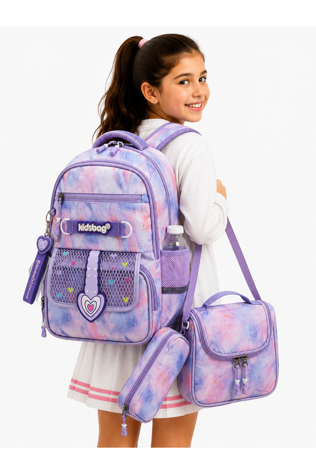 507 Waterproof Fabric Girls' Primary School Bag Patterned 3-Piece Set School Bag Lilac