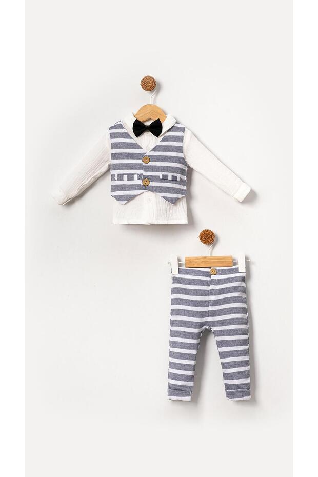 Baby Boy 100% Cotton Muslin 4-Piece Set with Bow Tie and Vest - Gray