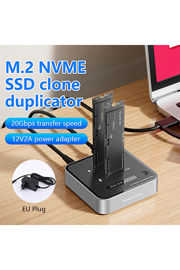 SD08 EU Plug Blueendless Dual-Bay M.2 NVME SSD Clone M.2 NVme SSD Reader 20Gbps USB3.2 Type C OFFlin