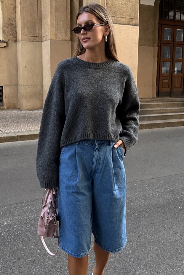 Anthracite Crew Neck Crop Women's Sweater Mg2166