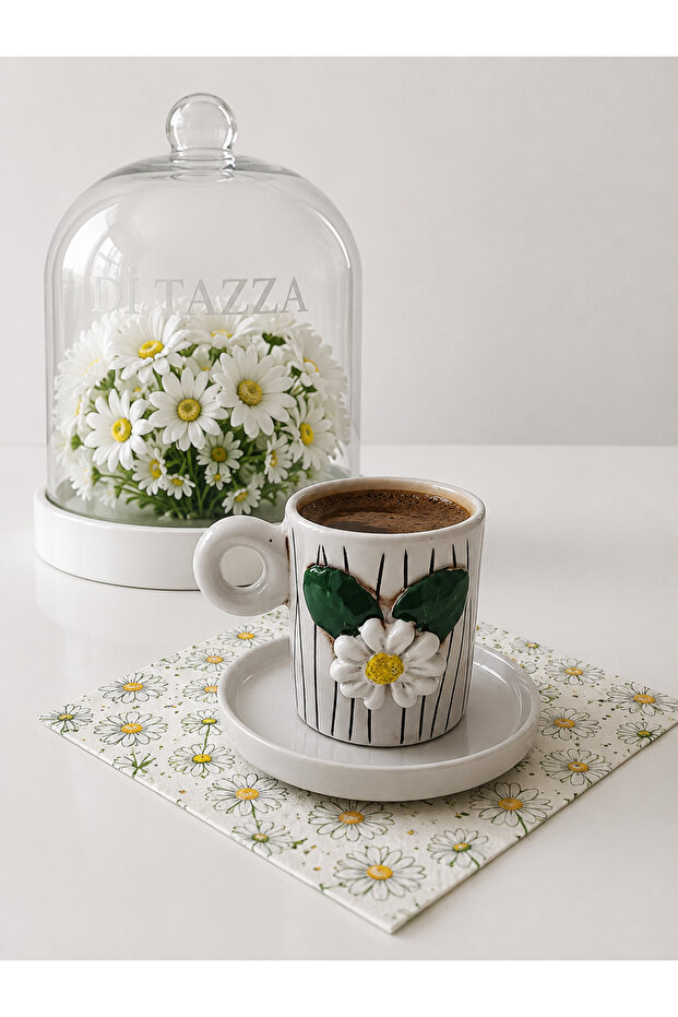 Handmade White Floral Log 4-Piece 110 ml Coffee Cup for 2 People