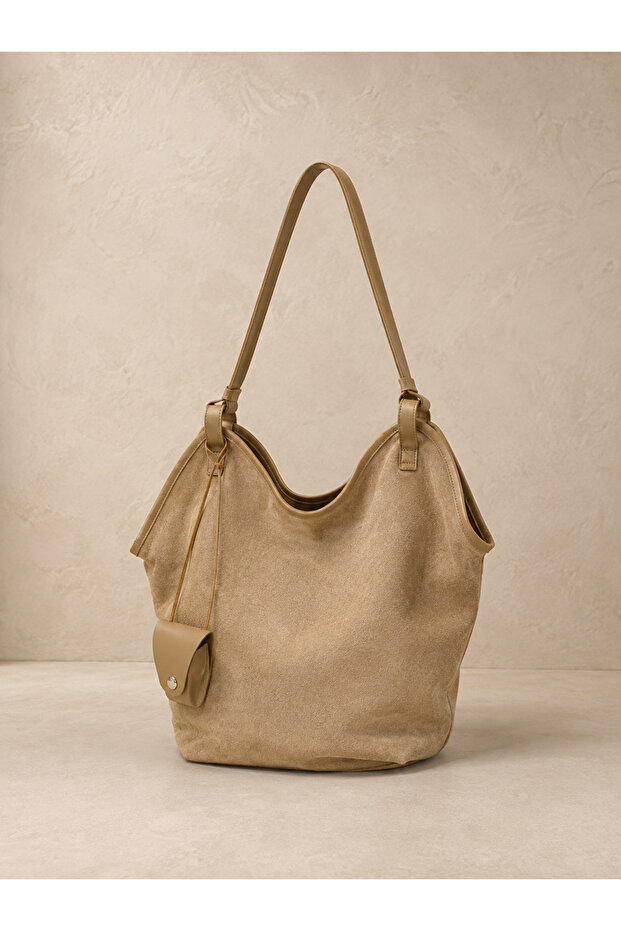Women's Beige Suede Look Hobo Shoulder Bag with Front Pocket 30X40 Cnt510-S