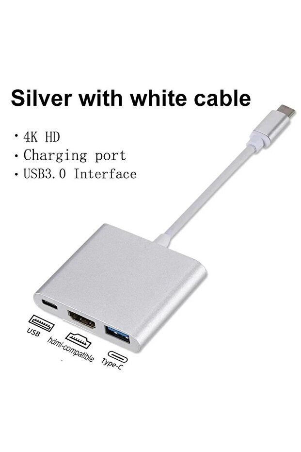 Silver-White USB-C To HDMI-compatible 3 In 1 Cable Converter USB 3.0 Type C To HDTV 4K USB 3.0 Adapt