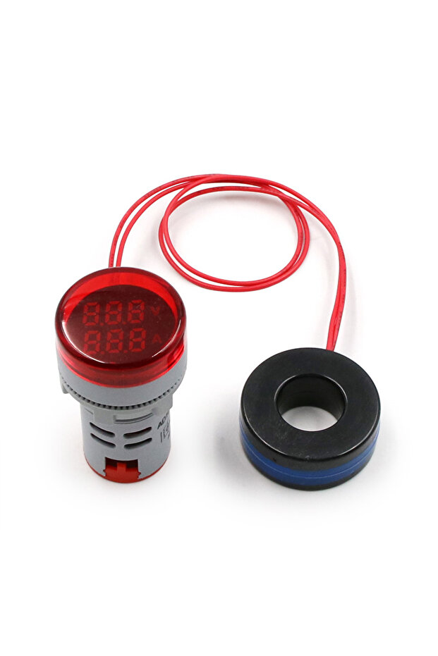 مقياس فولتميتر رقمي دائري صغير أحمر اللون، قطره 22 مم، يعمل بتيار متردد من 20 إلى 500 فولت ومن 0 إلى 100 أمبير، ثنائي القطب