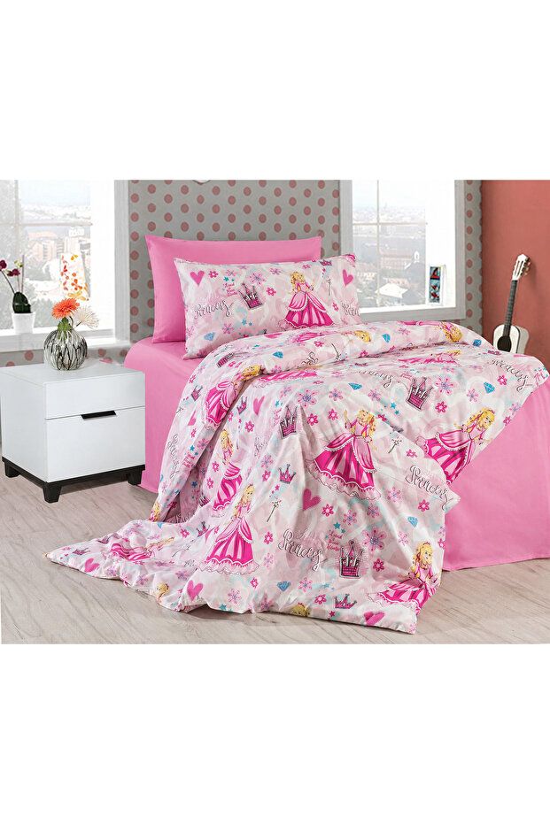 Cotton Girl Patterned Lady Single Children's Duvet Cover Set with Elastic Sheet and 2 Pillows