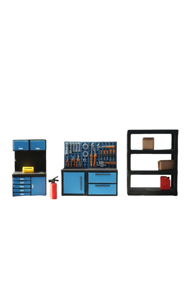 a set of 1:64 Miniature Repair Shop Workbench Storage Scene Set Diorama Garage Tool Cabinet Shelf Ca