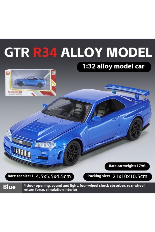 blue 1:32 Scale GTR-R34 Alloy Car Model, Illuminated Wheels & Engine Sounds, Kids Collectible