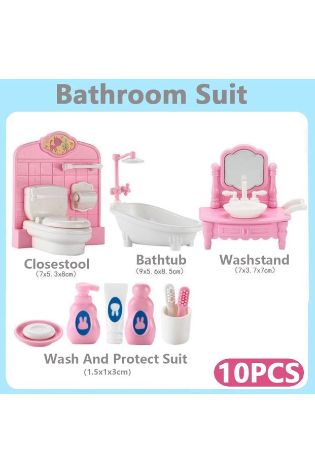 Pink-Bathroom Hot Sale Cute Kawaii Pink 10 Items/Lot Miniature Dollhouse Furniture Accessory Kids To