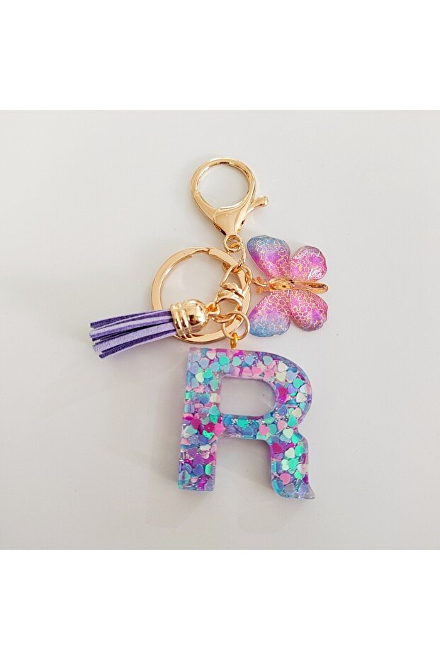 R Fashion butterfly Fringe Initial Keychain Drop Glue Blend Sequin A-Z26 Letter Keychain Cute Ladies