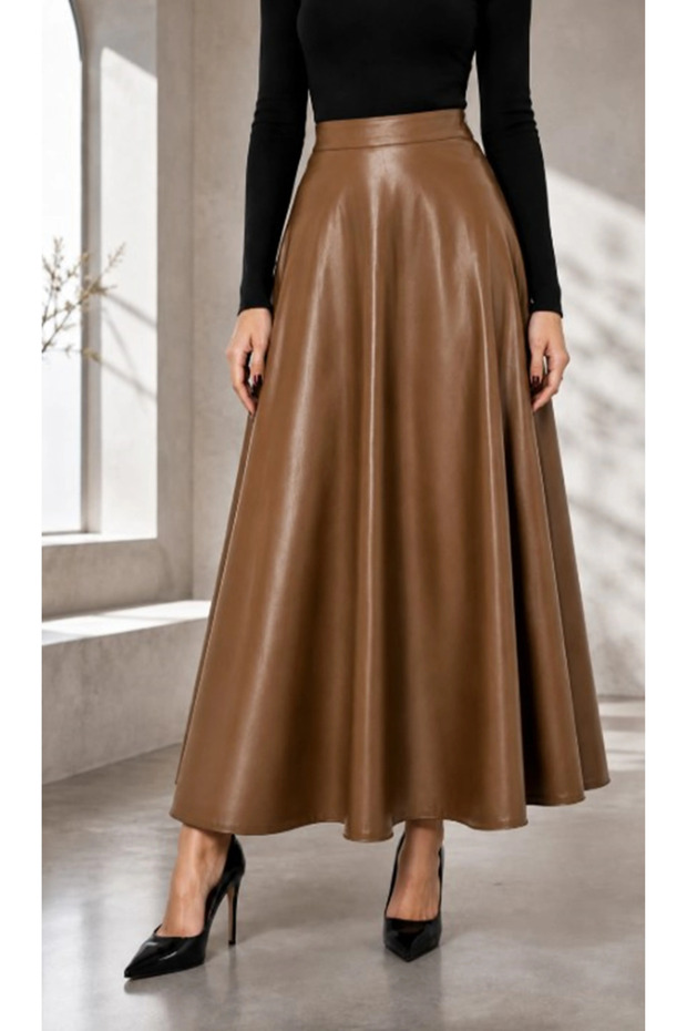 Mevlana Model Leather Skirt Taba