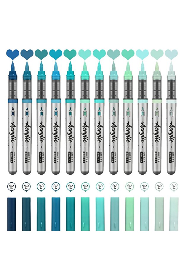 Mint Green Series Acrylic Paint Markers ,12 pcs Brush Tip Acrylic Paint Pens Set with 9 Professional