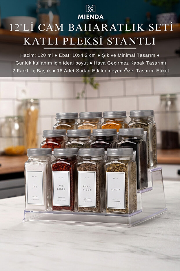 12-Piece Glass Spice Rack Set with Clear Ladder Stand White Label Spice Rack Set with Lid Mh05Slvr12