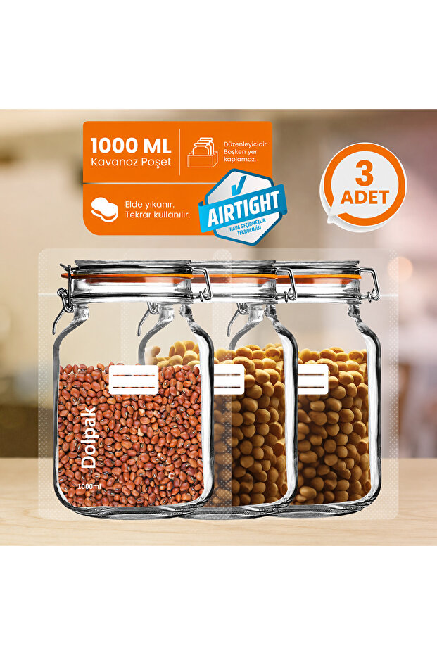 Environmental, Recyclable Material Jar Appearance, Ziplock, Food Storage Bag-3 Pieces-1000 ml