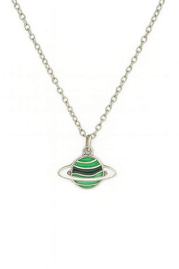 Green Saturn Planet Unisex Necklace – Cosmic and Modern Design