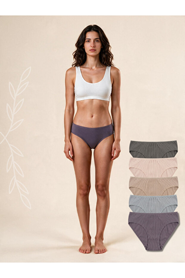 Top Bottom Set of 5 pairs of women's panties, low waist, ribbed Cotton , Daily, mint green, khaki, nude, dusty pink, dark purple, SM