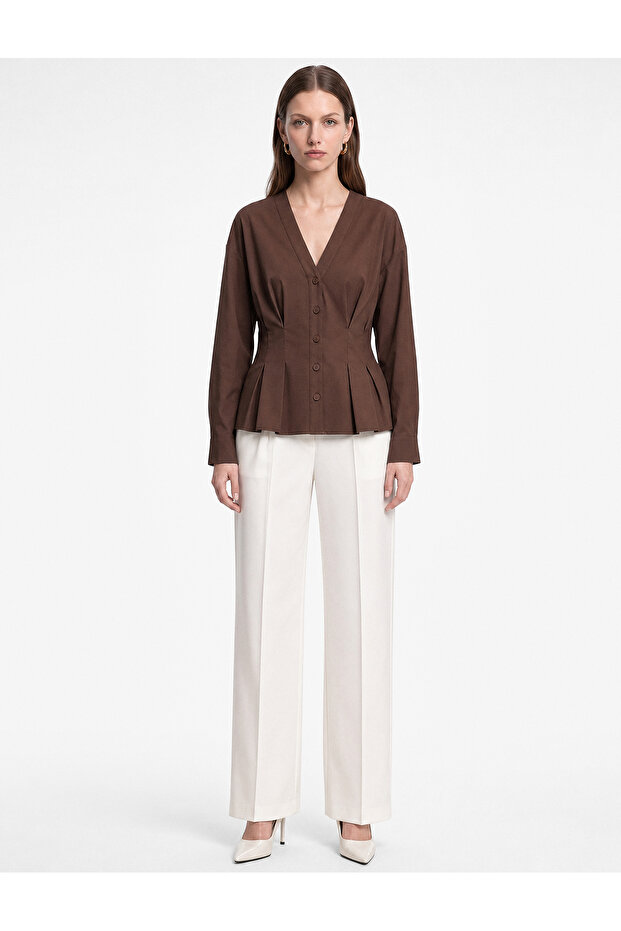 Slim Fit Buttoned Long Sleeve V-Neck Poplin Shirt