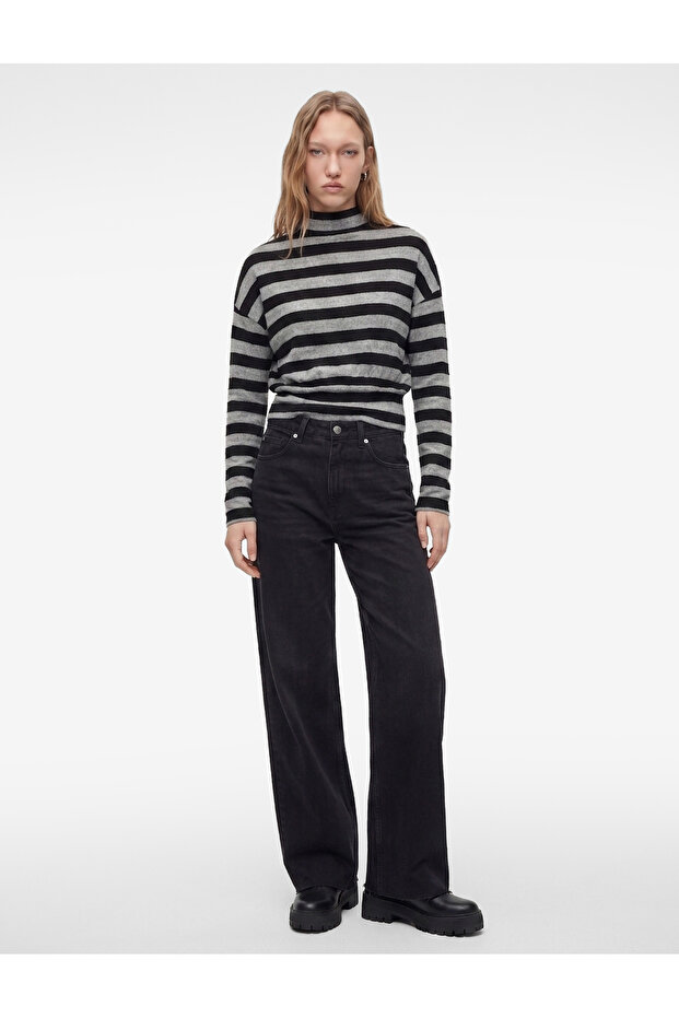 Soft Textured Stand Collar Long Sleeve Striped T-Shirt