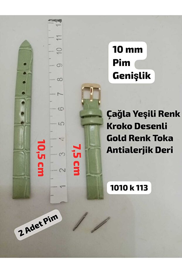 12 mm Compatible Women's Wristwatch Band - Green Color Croco Patterned Model - Gold Color Buckle, (Buckle Color May Vary), (Second Items in the Cart Are 100 Tl.)