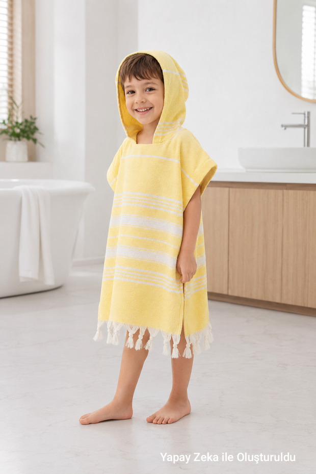 Cotton Children's Bathrobe Poncho Peshtemal 100% Cotton Beach Towel Yellow