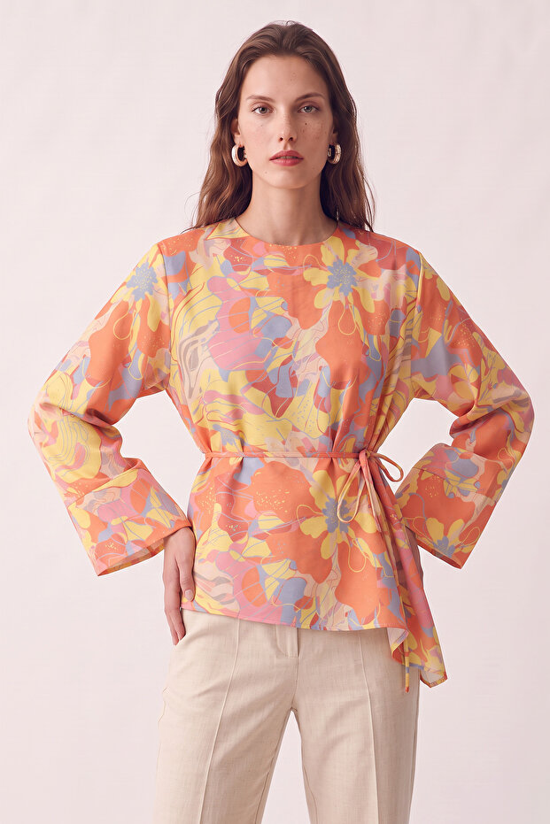 Floral Patterned Asymmetrical Blouse Y0166 - Orange