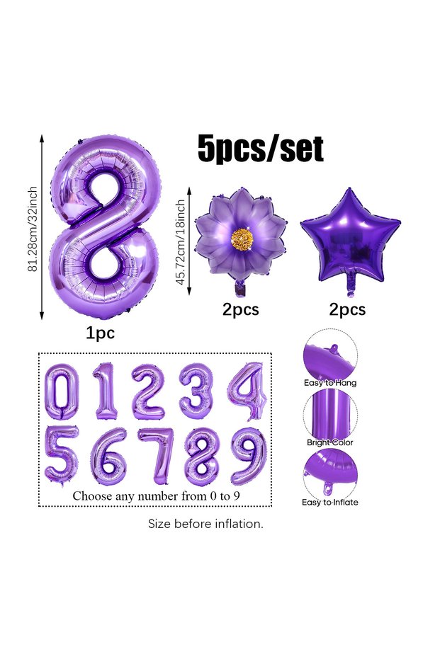 Other 8 5pcs Purple Number Foil Balloon Set for Birthday Parties Anniversaries Holiday Celebrations