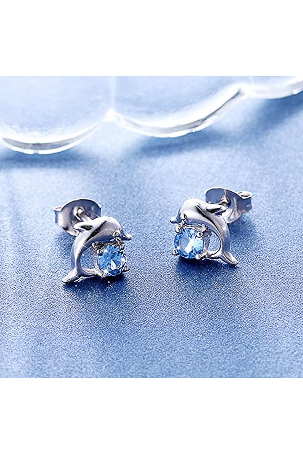 E1941 Huitan Blue Dolphin Stud Earrings Cute Ear Accessories for Women Silver Color Simple Earrings