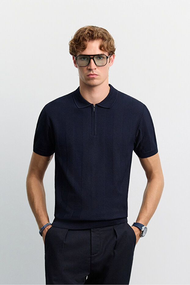 Men's Navy Blue Polo Collar Zippered Easy-Ironing Anti-Wrinkle Short Sleeve Regular Fit Sweater A62Y5007