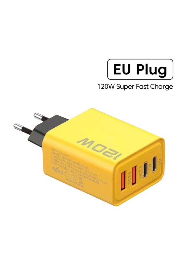 EU-Yellow 120W Fast Charger Type C Quick Charge 3.0 USB Charger Adapter For iPhone Samsung Xiaomi PD