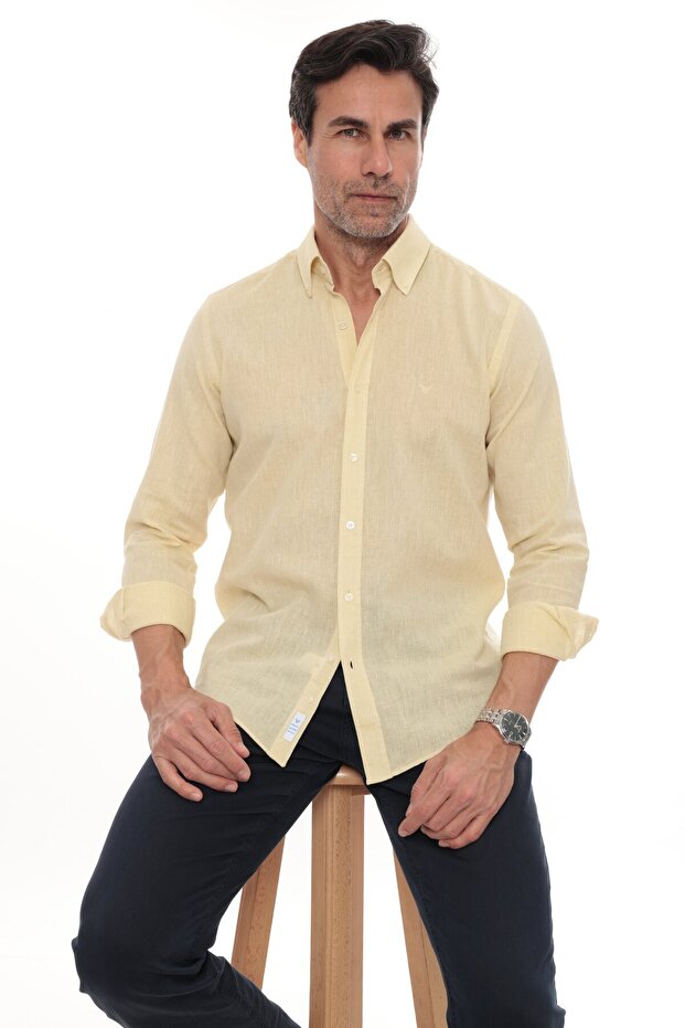 Slim Fit Long Sleeve Lapel Collar Buttoned Breathable Linen Gift Boxed Men's Shirt Fs-004548 - Yellow