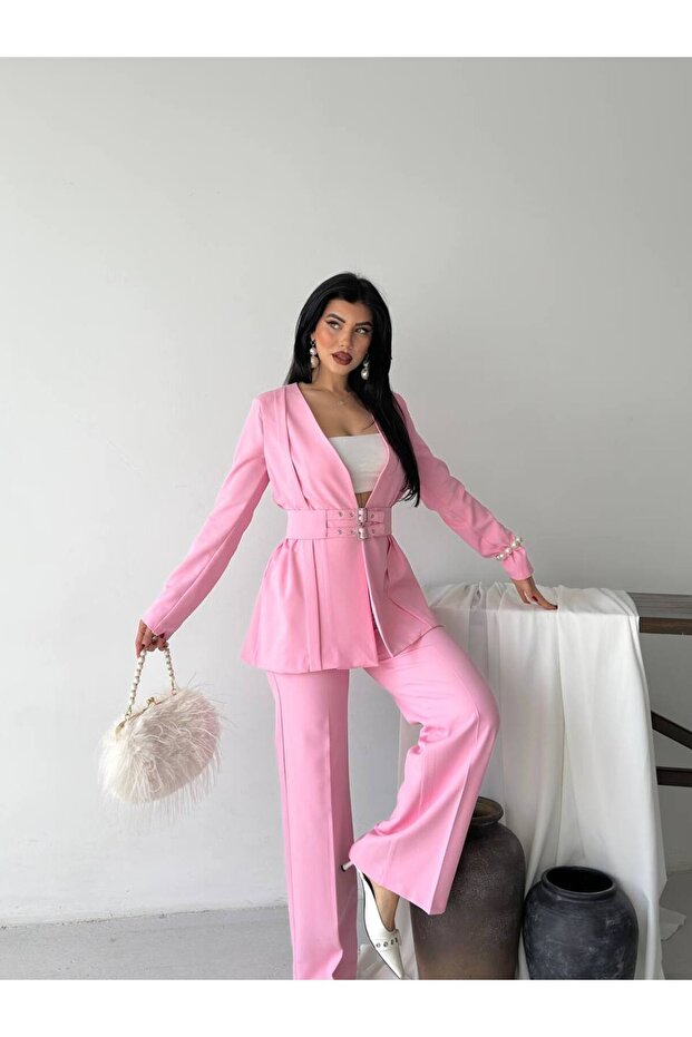 Kadın Kemerli Blazer Pantolon İkili Takım Pembe - 1