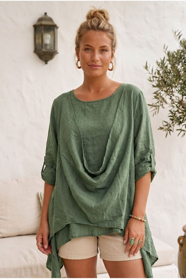 Khaki Round Neck 3/4 Sleeve Double Set Casual Cotton Loose Woven Blouse 80 63