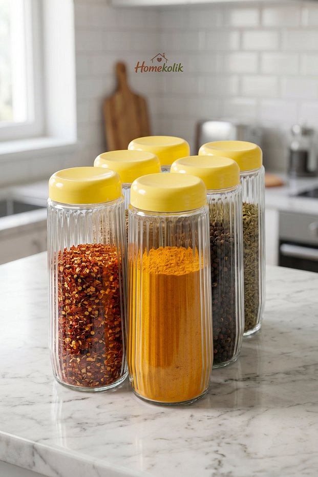 Set of 6 Yellow Lidded Glass Storage Containers 1500 ml – Legumes, Food, Breakfast Jars Set
