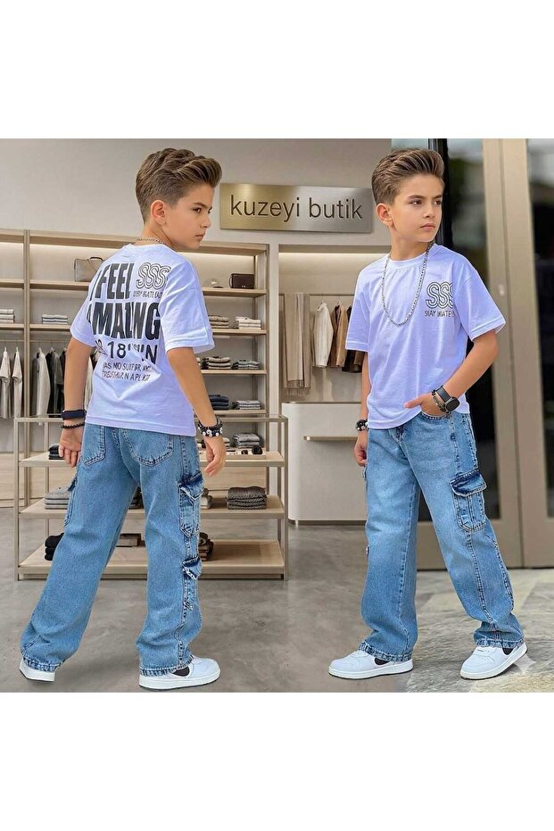Boys' Festive - Summer Cotton T-Shirt - Sss Printed and Denim Cargo Set