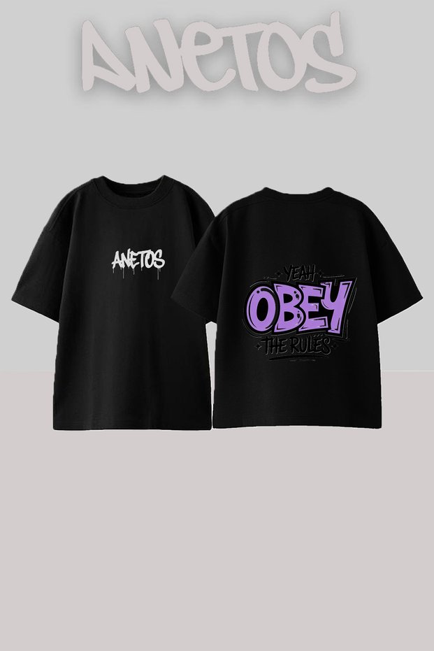 Obey Rules Design Back Printed Cotton Black Oversize T-Shirt