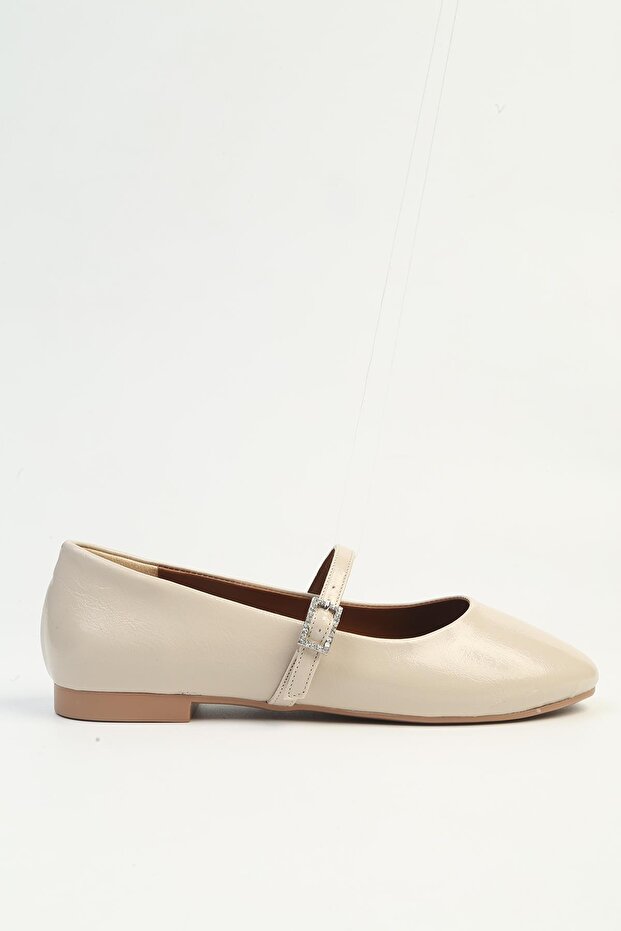 Cream Patent Leather Strapped Ballerina Shoes