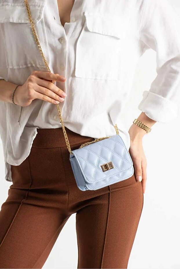 Women's Chain Strap Diamond Pattern Shoulder Crossbody Bag Baby Blue