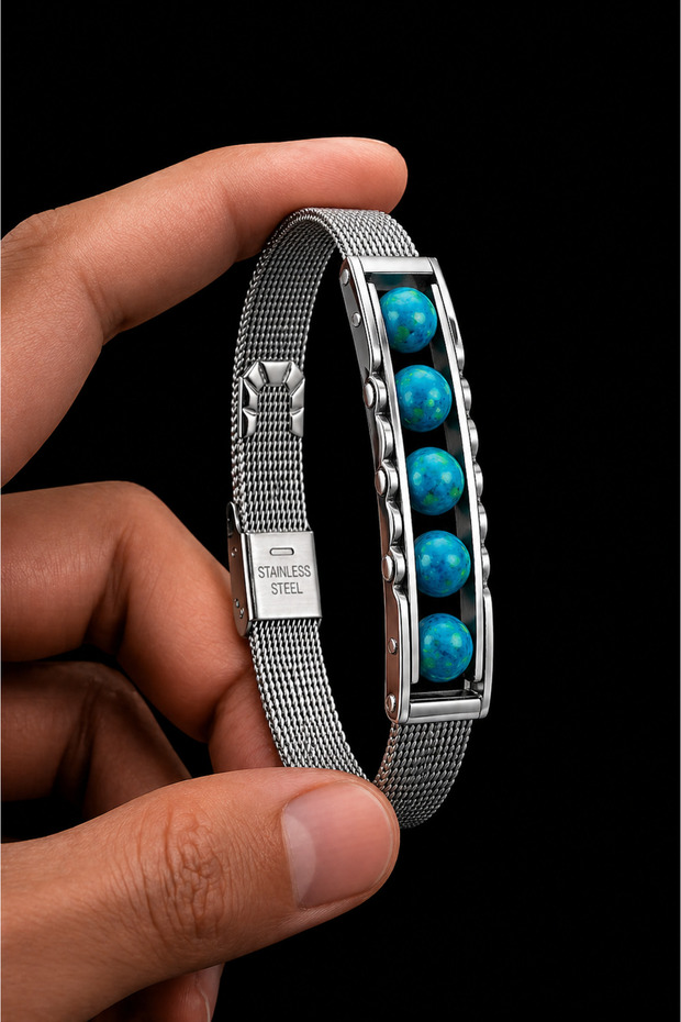 Stainless Steel Men's Bracelet with Green Agate Stone Modern Design Woven Chain Stylish and Durable Bracelet