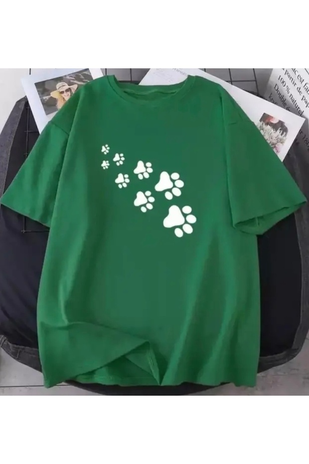 Round Neck Cotton Paw Printed Girls' Oversize T-Shirt