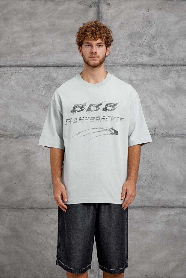 Men's T-Shirt Bbb Print Mint Green Oversize Printed Crew Neck Cotton