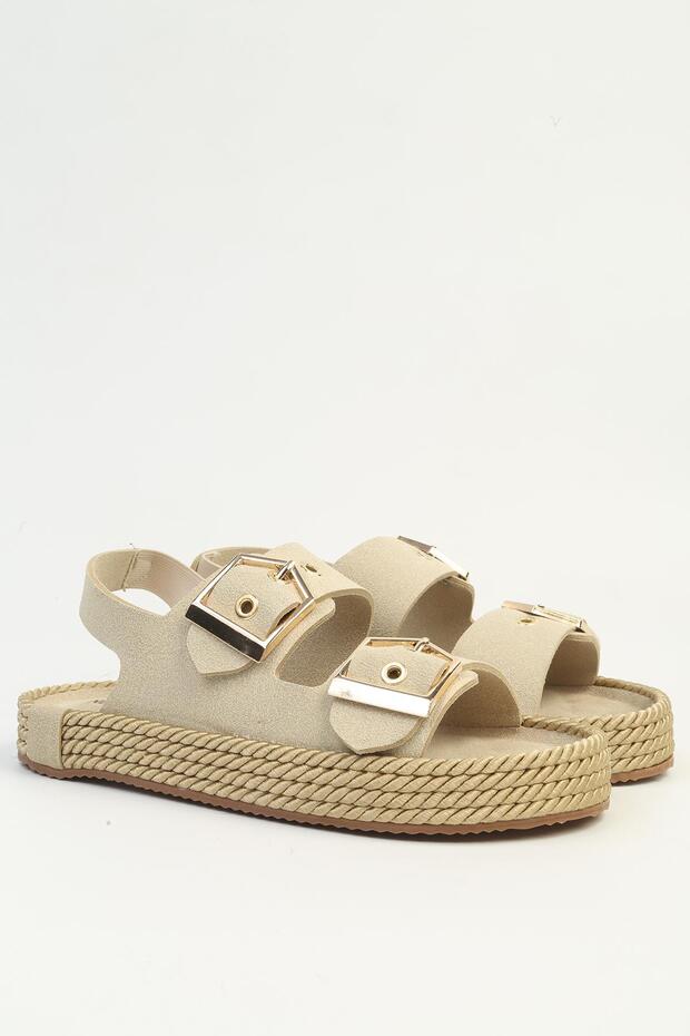 Women's Beige Suede Double Buckle Straw Sole Daily Comfortable Sandals