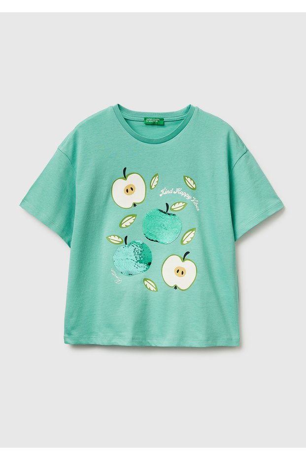 Girl's Mint Glitter Graphic Printed Round Neck Oversize T-Shirt