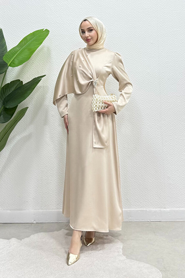 Crepe Fabric Hijab Evening Dress with Hidden Stone Brooch - Cream