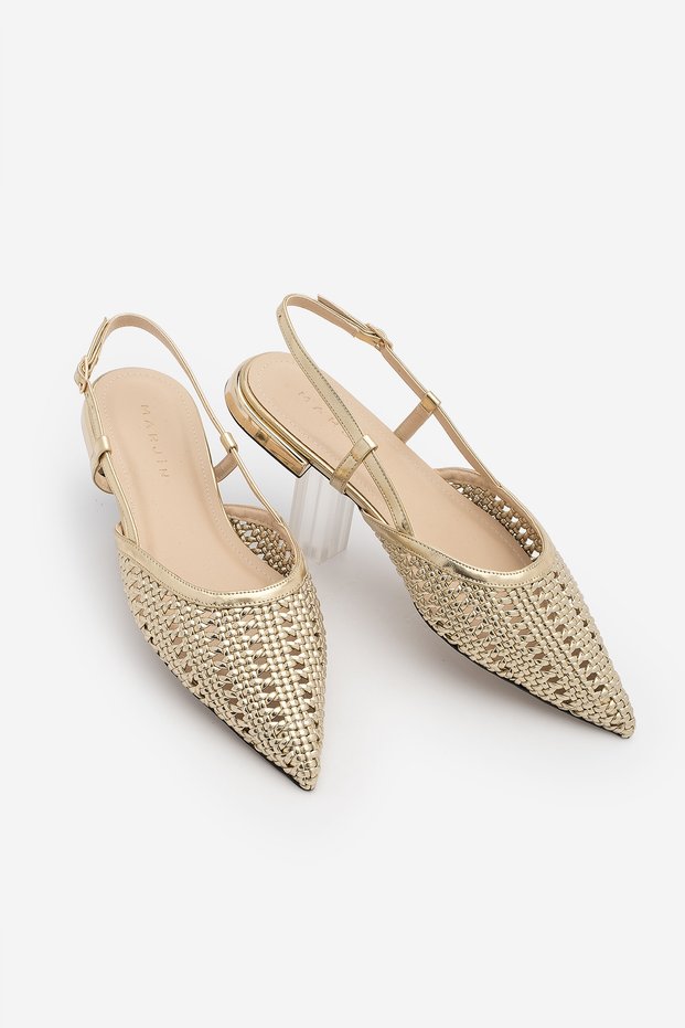 Women's Pointed Toe Hand Knitted Gold Metal Heel Open Back Strap Ballerinas Retas Gold