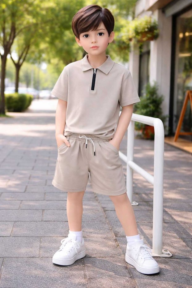 Boy's Cream-Ecru-Black Polo Zippered Collar Tshirt-Shorts Holiday Stylish Wedding Two-Piece Set