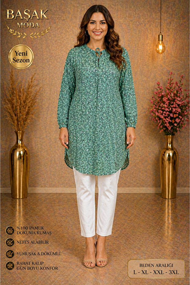 Moda Başak Woven Patterned Tunic Comfortable Cut Plus Size 100% Cotton