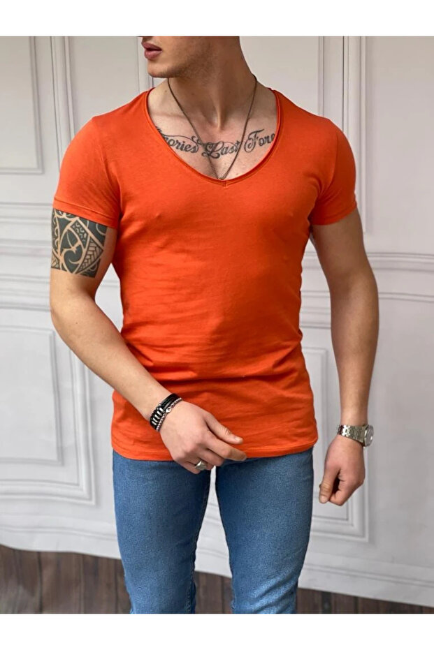 Slim Fit Deep Open Collar Cotton T-Shirt