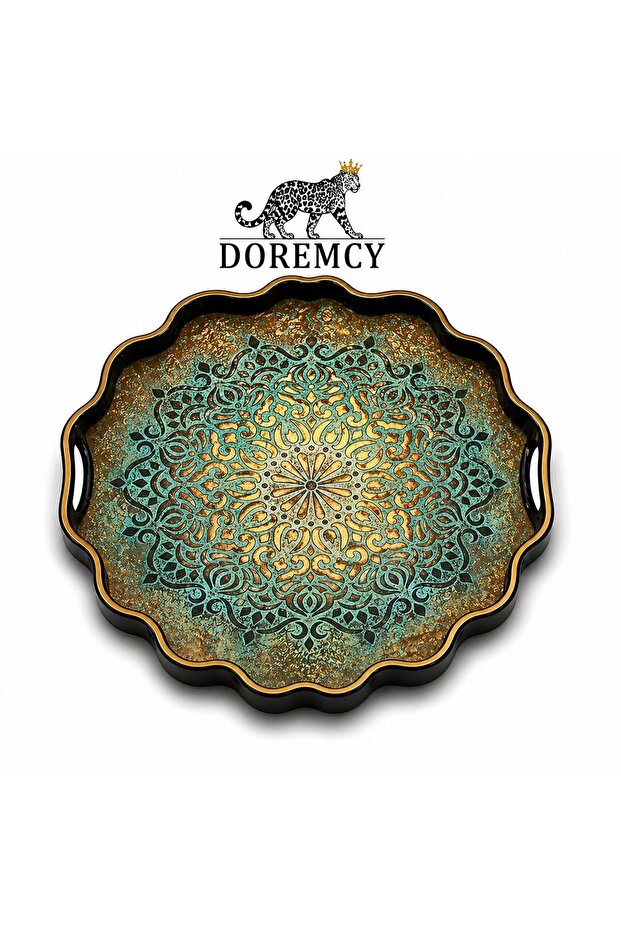 Luxury Glass Surface Presentation Tray 38 cm - Tea and Coffee Serving Tray - Decorative Round Tray with Gold Detail
