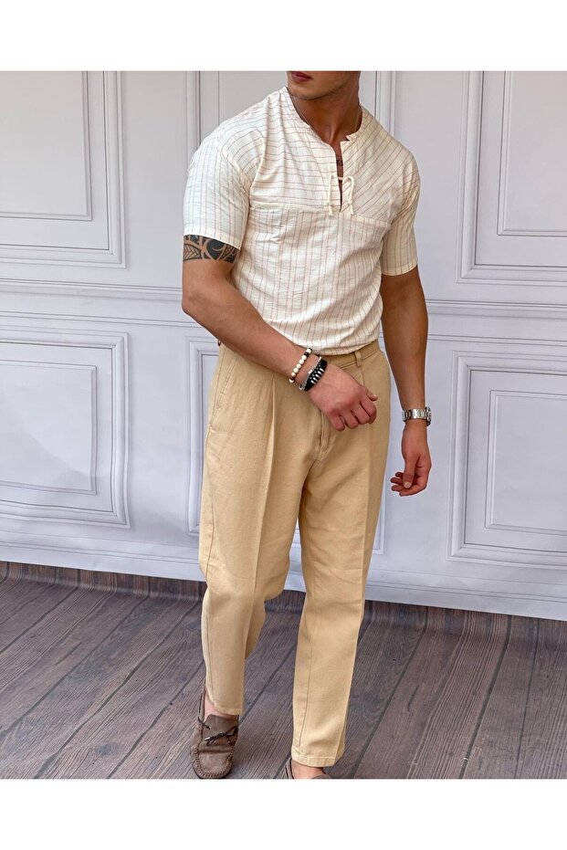 Hakim Collar, Dot and Rope Detailed Short Sleeve Linen Shirt